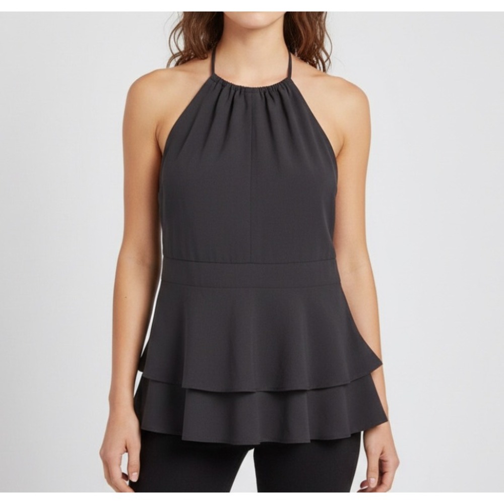 DO+BE Lined SATIN Black KEYHOLE Ruffle Trim COCKTAIL Peplum Halter Blouse/Top S